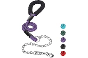 MIHACHI Anti Chew Dog Lead - Heavy Duty Rope Dog Leash with No Bite Chain and Soft Padded Handle, No Tangle Strong Leash with Reflective Threads