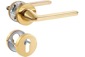 SORWDUERM Poignée de Porte Doré PVD, Garniture de Prothèse en Acier Inoxydable Mat, Poignée pour Porte d'Entrée et Porte Intérieure, Forme en L, Rosace Ronde, PZ - Cylindre de Profil