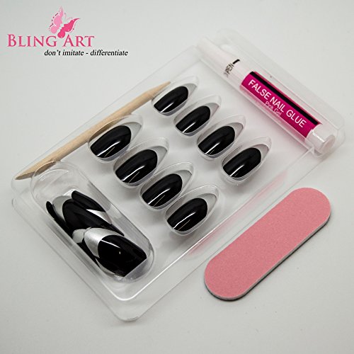 Bling Art Stilett Falsche Nägel Acryl Schwarz Silber Medium Tipps UK - 6