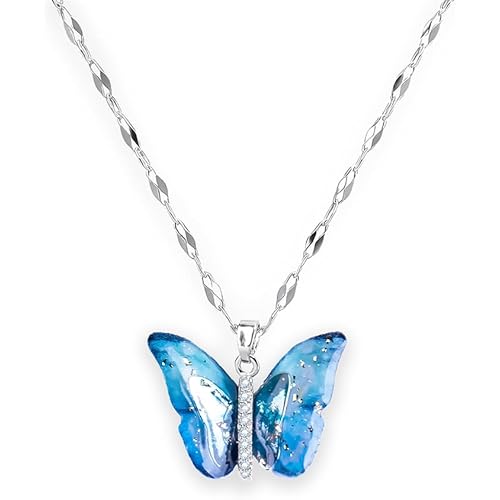 SALTY Anti Tarnish Vibrant Blue Winged Butterfly Pendant Necklace for Women | Stylish Locket Chain | Latest Fashion Jewellery Accessories for Girls | Minimal Jewelry | Ideal for Gifting | Gift for Diwali, Christmas, Marriage, Birthday