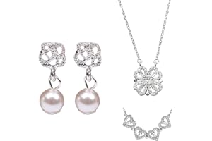 IUDWCG 2 en 1 Cuatro hojas de trébol de la suerte del encanto del collar magnético del corazón brillante colgante de joyería de regalo pendientes de flor de perla para las mujeres de la novia (Plata)