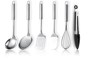 ReaNea Stainless Steel Cooking Utensils Set 6 Pieces, Kitchen Tools Set Include Metal Spatula Set, Skimmer, Ladle, Tong, Whisk, Kitchen Gadgets Essentials New Home Must Have