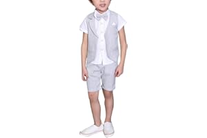 LOLANTA 4 pièces Costume Enfant Garcon Mariage Ete, Vetements Garcon Ceremonie, Ensemble Costume Short Gilet Chemise avec nœud Papillon pour 2-12 Ans