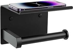 Tindbea Toilet Paper Holder with Phone Shelf, Adhesive or Screw Wall Mount Toilet Tissue Roll Holder, Rustproof & Multifunctional Stainless Steel Bathroom Storage Dispenser (Matte Black)