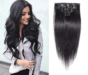 FULLY Virgin Human Hair Natural Black Indian Hair Extensions For Girls 10 pcs 100 gm (18 Inch, Black)