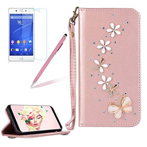 Preisvergleich Produktbild Girlyard für Xperia XA1 Diamant Schmetterling Blumen Lederhülle, Bling Glitzer DIY Crystal Schutzhülle Luxus Premium PU Flip Case mit Lanyard Strap Standfunktion Kartenfach Magnetverschluss Etui für Sony Xperia XA1