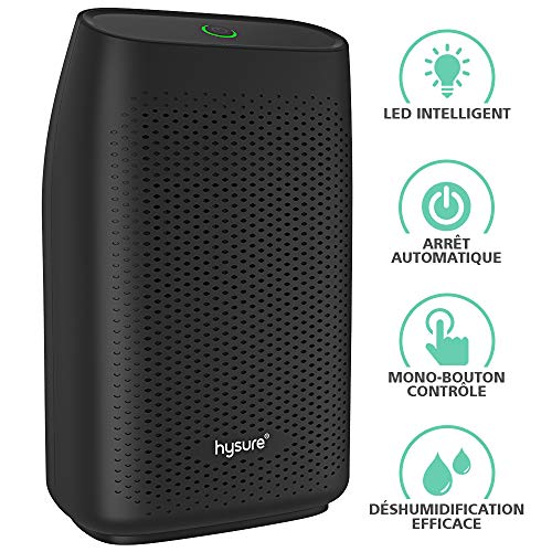 hysure 700ml Déshumidificateur Retire 300ml/jour, Réservoir d'eau 700ml Détachable, Absorbeur d'Humidité Électrique, Pas Besoin de Recharge, Arrêt Automatique, Silencieux, Portable (Noir)