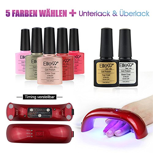 Elite99 Nagellack Set Farblack UV Lampe 5 Farblack Nagelstudio-Sets (1X UV Lampe fuer naegellack 5x Farblack 1x Unterlack(Base Coat) 1x Ueberlack(Top Coat))