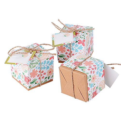 BUONDAC 50pcs Boîte à Dragées avec Etiquette Imprimé Fleur Floral Bonbonnière Faveur Chocolat Cadeau Invités Accessoire Mariage Baptême Fête Anniversaire Noël Party (Cordon de Jute) (50pcs)