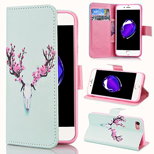 Preisvergleich Produktbild SMART LEGEND iPhone 7 Lederhülle Ledertasche Brieftasche Hülle Klapphülle Schutzhülle Gemalt Muster Premium Neu Flip Leder Schale Wallet Case Folio Tasche Inner Weiche Silikon Etui Ledercase Handytasche mit Standfunktion Kreditkarte ID Slots und Magnetverschluss Cover - Pflaume Hirsch