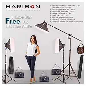 HARISON 3-Point Lighting Kit/Quadlux with Bahubali Boom Stand/YouTube and Portrait Lighting/Air-Cushioned Stands/Soft Lighting/Softboxes/LED Light