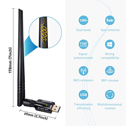 ANEWKODI 1200Mbps USB Wireless Adaptador USB 3 0 de Alta Velocidad WiFi Adaptador 5dBi Antena WiFi USB Tarjeta de Red Dual Band 2 4G   5 8G 867Mbps 802 11ac b g n Receptor WiFi Dongle WiFi para PC Windows 10   8 1   8 7   Vista MAC OS
