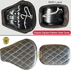 ROYAL WARRIORS Classic Seat Cover RW132A5 Square Pattern Design Waterproof PU Leather Anti Skid Split Type Cushion with Lace Bike Seat Cover Black For Royall Eenfield Classic 350 & 500 BS-3, BS-4 & BS-6
