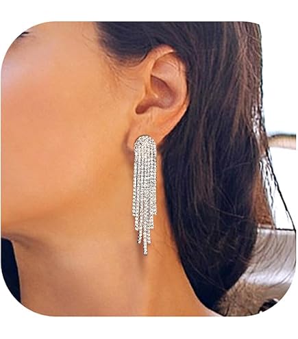 Orecchini Lunghi Con Nappe Di Cristallo E Catena - Stile Bohémien, Strass Frangia, Gioielli Da Sposa In Argento, Perline Bianche