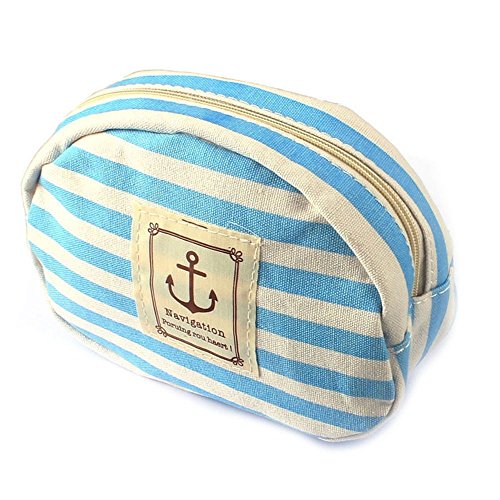 Teenxful Stripe Pencil Case Pouch Purse Cosmetic Makeup Bag Storage Student Stationery Zipper Wallet, Navy Blue