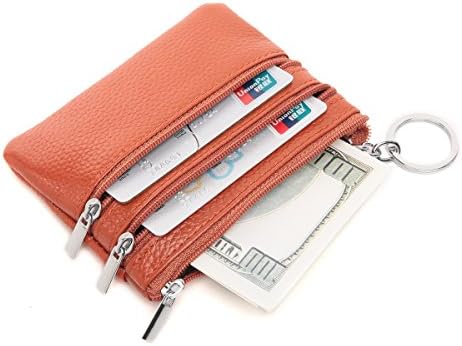 tuokener Genuine Leather Change/Coin Mini Purse/Wallet/Holder/Organizer With Key Ring Dual Zipper Pocket for Women and Teens Girls (brown)