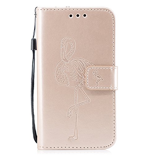 Galaxy J3 2016 Case,Samsung Galaxy J3 2016 Flip Case,BONROY® Pretty Creative Flamingo Painted Design Premium Soft PU Leather Notebook Wallet Case with [Kickstand] Stand Function Card Holder and ID Slot Slim Flip Protective Skin Cover for Samsung Galaxy J3 2016 (5,0 inch) - Gold