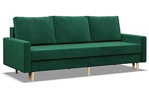 ‎MEBLIGO Mebligo - Sofa mit Schlaffunktion und Bettkasten Blank, 3 Sitzer Sofa 212 cm Breit, Schlafsofa, Ausziehbares Couch auf Holzfüßen, Schlafcouch -Flaschengrün