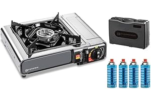 Réchaud à gaz 2200W INOX + 4 Cartouches de gaz 190g KEMPER