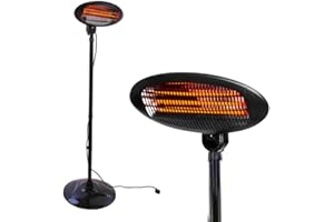 Gardenesque 2KW Outdoor Heater, 6.5ft Waterproof Electric Patio Heater, Adjustable Height With 1.5m Cable, Freestanding Electric Heater, Three Quartz Tube 650-2000 Watts, 50W x 200H cm - Black