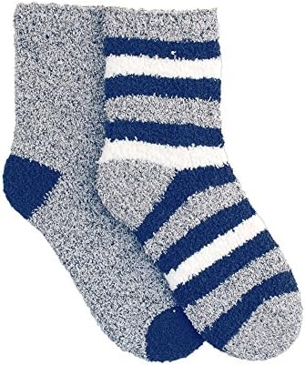 2 Pairs Boys Cosy Bed Slipper Socks Childrens Striped Nightwear (9-12 Child, Navy Stripe)