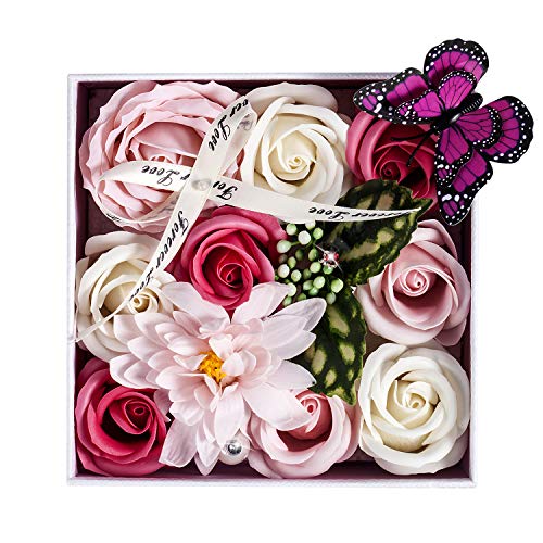 LCCL Savon Fleurs Artificielles Roses Boîte Cadeau avec Papillon et Cristal pour la Saint Valentin pour la fête Anniversaire Anniversaire