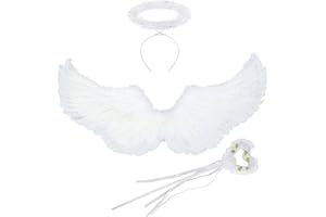 JALEVID Engelsflügel Weiß, Engel Kostüm Damen mit Zauberstab und Heiligenschein, 60CM Engel Flügel Kostüm für Karneval Halloween Cosplay Party Fasching Kostüme Deko