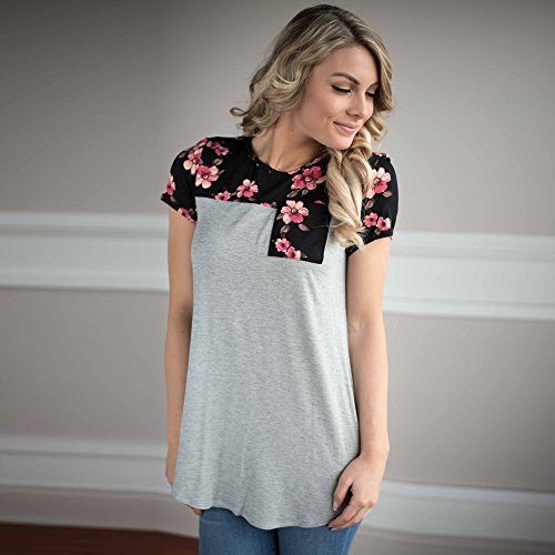 Damen T-Shirt!Sannysis Damen Blumen Spleißen Drucken Tasche Rundhals T-Shirt (M, Grau2) - 2