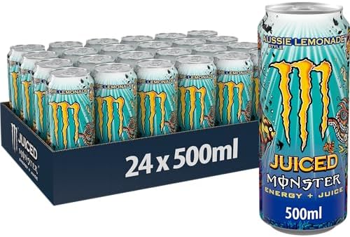 Juiced Monster Aussie Lemonade, Bevanda Energetica al Gusto Limonata con Miscela Energetica e 160 mg di Caffeina, 24 Lattine da 500 ml