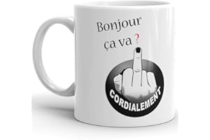 Kalféa Mug Humour Tasse bonjour ça va doigt d'honneur cordialement fais pas chier tasse céramique Qualité Idée cadeau Originale drôle anniversaire Noël fête ami collegue homme femme 325ml