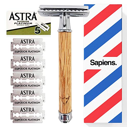 Rasoir de Sécurité par Sapiens - Rasoir de Sûreté + 5 Lames Doubles Astra - Rasoir de Barbier/Coiffeur Traditionnel avec Manche en Bois pour Barbe - Rasage Manuel Visage & Corps, Homme & Femme