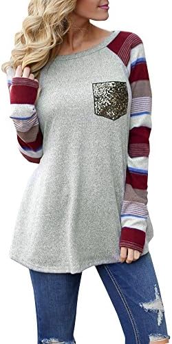 WINWINTOM Casual Long Sleeve Striped Patchwork Stretchy Tops Blouse Fashion Ladies Round Neck Softstyle Cotton Loose T-Shirt Bottoming Shirts New Designer Long-Sleeved Tops (Multicolor, XL)