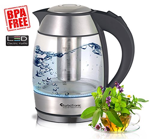 TurboTronic Wasserkocher 2200 Watt mit Teesieb (herausnehmbar) aus Edelstahl und blauer LED Beleuchtung, 1,8 Liter / BPA frei / Glas-Wasserkocher kann jederzeit ohne Teefilter verwendet werden, verdecktes Heizelement - 8