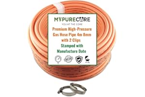MYPURECORE YOU AT THE CORE MYPURECORE 4m 8mm Premium High-Pressure Gas Hose Pipe with 2 Clips – Durable LPG Propane/Butane Pipe, Stamped with Manufacture Date, for BBQ, Caravan, Camping, Cookers, Heaters, Grill and Gas Bottles