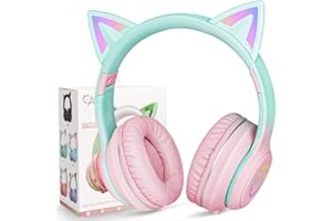 AXFEE Casque Audio Bluetooth sans Fil pour Enfants, Casque Cat Pliable avec Microphone HD/Lumières LED, Bluetooth 5.0, Casque sans Fil et Filaire, pour Smartphone, Pad, Tablet, Kindle (Rose Dégradé)