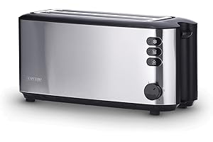 ‎SEVERIN SEVERIN Toster automatyczny, toster z długimi szczelinami i przystawką do bułek, z dużymi komorami opiekania na 4 kromki, moc 1400 W, stal nierdzewna szczotkowana/czarny, AT 2509