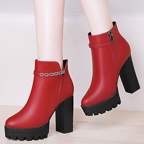 AJUNR-Ladies New Fashion Shoes Martin High-Heeled Boots Thick With High-Heeled Female Martin Boots Wet Wild Women Shoes Fall Short-And-Cashmere Wine Red 36
