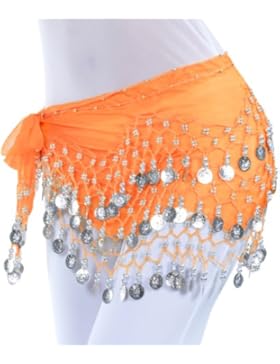 VENI MASEE Professionelle Bauchtanz Hüfttuch / Wrap / Gürtel, 3 Reihen Silber Münzen
