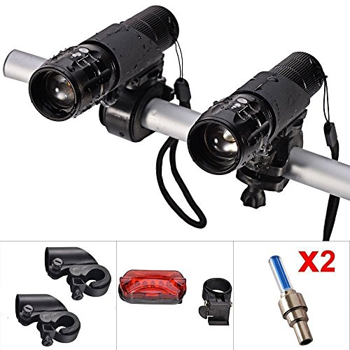 E-Goal Fahrrad Mini Lampe Set 500 Lumen Wasserdicht klein leicht Frontlich und Rücklicht (2pcs. Cree Q5 LED Scheinwerfer, 2 Hand Stab Taschenlampe Halter, Heck Rücklicht und 2 Rad Ventile als Geschenke) verstellbar Taschenlampe