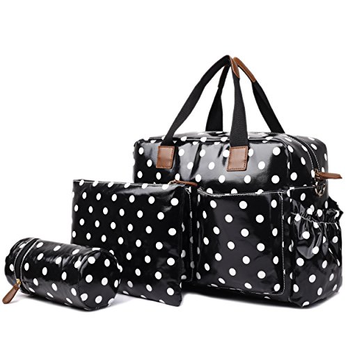 Miss Lulu 4 Piece Polka Dot Baby Nappy Changing Bag Set (Black)