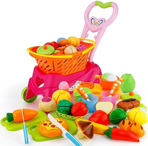 SONi 31 PCS Pretend Play Cutting Toys With Shopping Trolley Cart Play Food Velcro Toys food and Kitchen Toys for Boys and Girls
