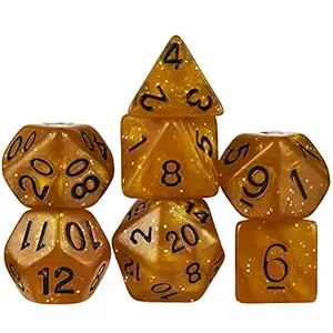 7 Die Polyhedral Dice Set - Dwarven Brandy (Orange Glitter) with Velvet Pouch by Wiz Dice