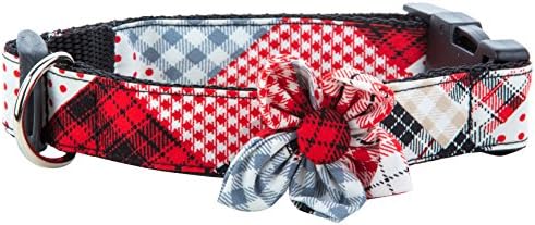 Pet Pooch Boutique Patchwork Tartan Flower Collar for Dog, Medium