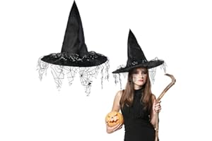 Moyubath Halloween Witch Hat for Women Vintage Lace Veils Printed Hats Party Supplies Halloween Costume Accessories with Spider Web Lace