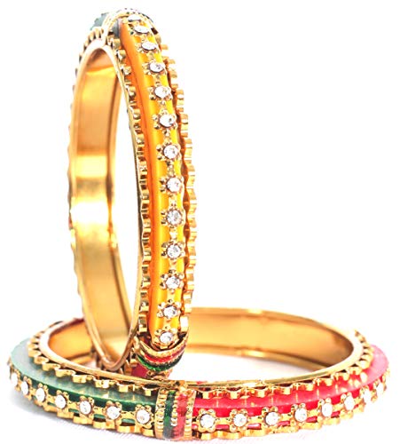 Swara Creations Red Yellow Green Metal Kada for Women - Set of 2