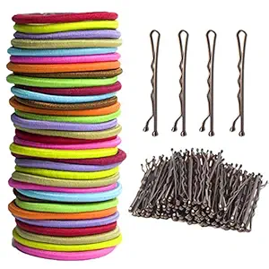 100 Count Colorful Hair Elastics + 100 Count Bobby Pins Brown, No Metal Hair Bands, Strong 4mm Hair Ties Bulk, 2 Inch Hair Pins for Kids, Girls and Women