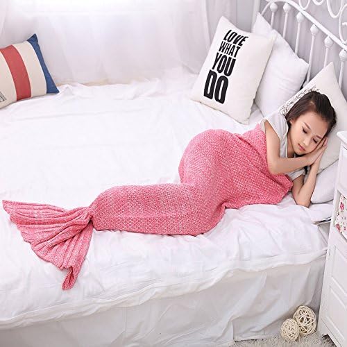 TBOOM Handmade Knitted Mermaid Tail Blanket ,Sofa Quilt Living room blanket Mermaid Blanket for Adults and Kids (140cmX70cm（55.1"x27.6"）-Children Grils, PINK RED-2)