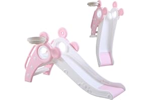 ‎YOLEO YOLEO Rutsche, Kinder Fun-Slide mit Basketballkorb, Faltbar Kinderrutsche, Gartenrutsche Kleinkinderrutsche für 1-3 Jahre, Indoor & Outdoor Rutschbahn mit Rutschauslauf (Rosa)