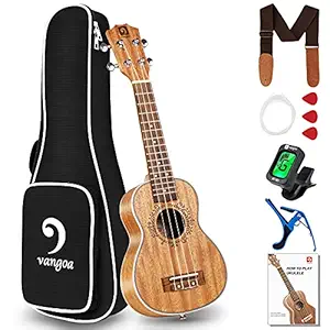 Vangoa Soprano Ukulele Acoustic 21 Inch Mahogany Hawaii Guitar Uke Bundle with Study Instruction, Strings, Picks, Capo, Strap, Tuner for Kids Beginners Adults