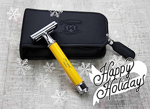 3 Piece Men's Shaving De Safety Razor in Yellow Colour. Perfect for Deep Clean Shave. Comes in a Leather Zipper Pouch…
